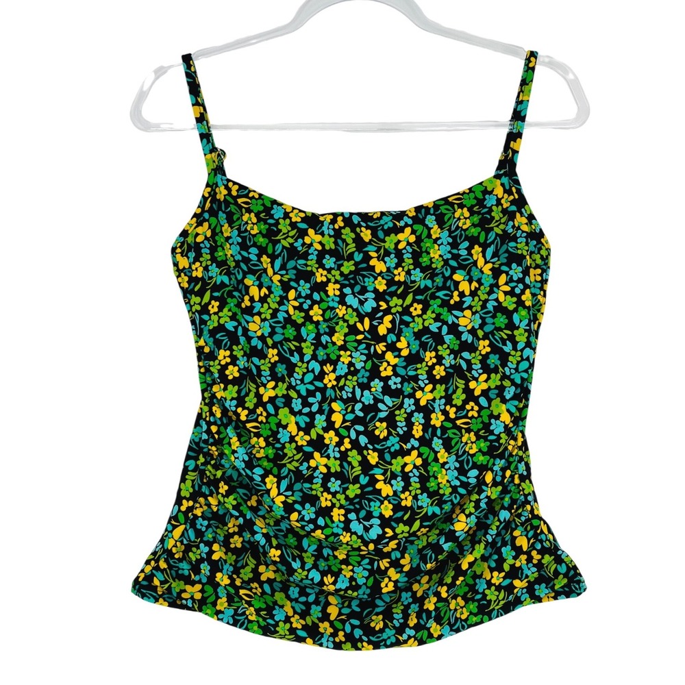 Miraclesuit Tankini Swim Top Women Size 10 Black Floral Underwire Shelf Bra
